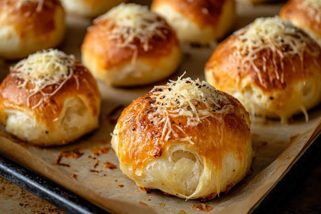 Baked Garlic Parmesan Cheeseburger Bombs in oven tray