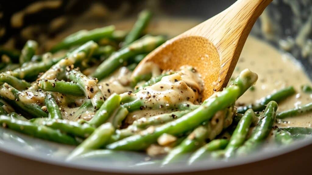 Mixing Campbell Green Bean Casserole ingredients