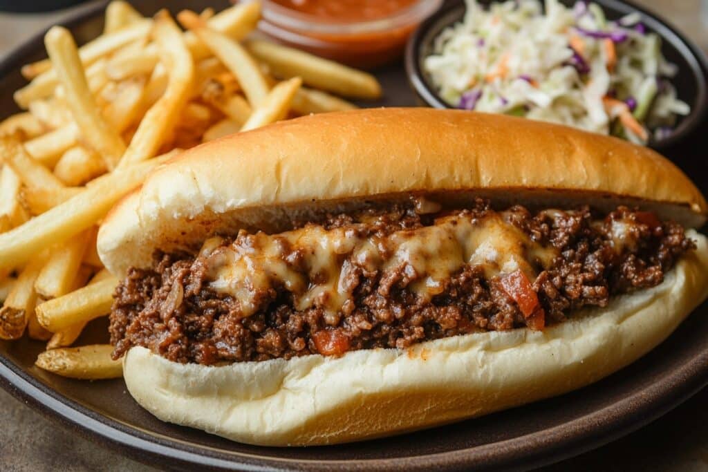 Philly Cheese Steak Sloppy Joes with side dishes
