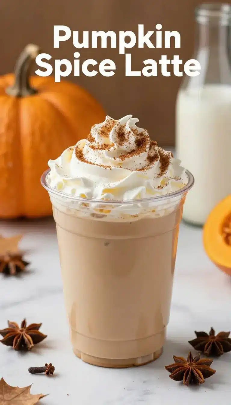 A close-up of a Starbucks Pumpkin Spice Latte topped with whipped cream and cinnamon